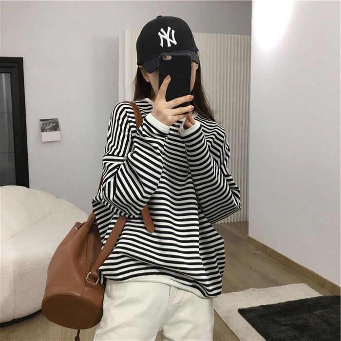 Customized Autum New Korean Style Casual Lazy Style Pullover Stripesd Sweatshirt Women's Versatile Loose Top Jacket
