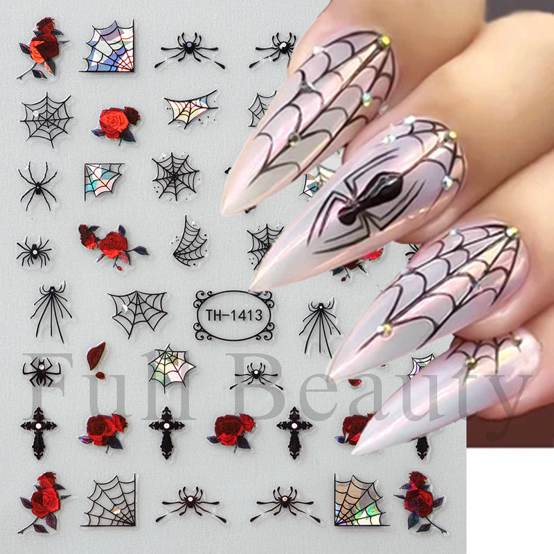 Cross-border New Nail Art Stickers Halloween Dark Spider Web Ghost Pumpkin Bat Thin Tough Adhesive Nail Stickers