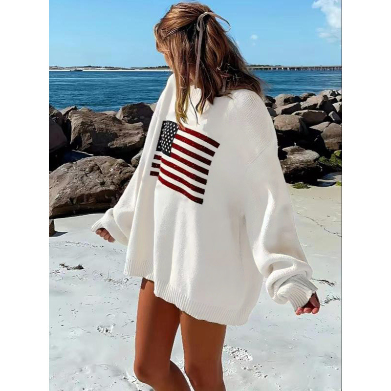 American Retro Street Style Star Flag Pattern Loose Round Neck Pullover Sweater Loose Casual Top