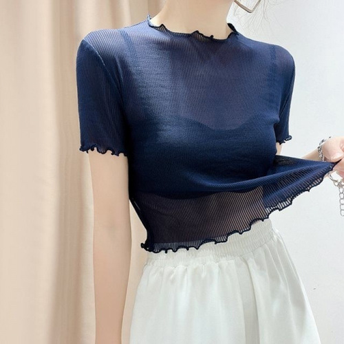 Women's Short Sleeve Mesh Bodysuit, Delicate Lace T-shirt with Underwire, Sheer Fabric, Casual Short Hem Dress, Ideal for Summer