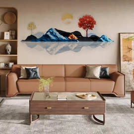 爱客中国山水画艺术画黑色蓝色金色山太阳3d现代油画艺术壁画墙贴