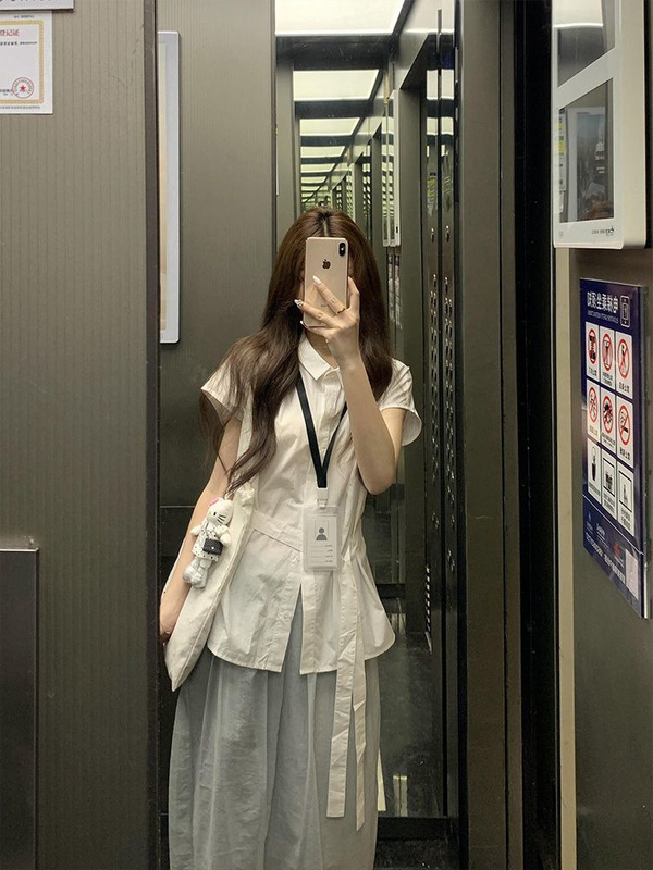 设计感小众短袖衬衫女夏季2025新款韩系百搭绑带收腰中长款上衣潮|undefined