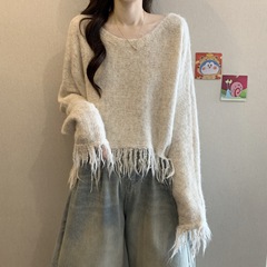 法式新款纯色流苏边毛衣女2025秋冬新款慵懒风短款圆领针织上衣