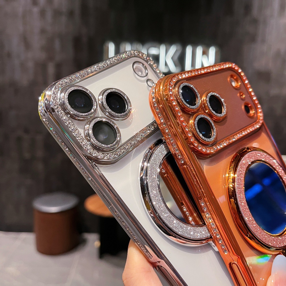 Square Diamond + Glitter Ring Mirror Stand Suitable 17 Pro Max Phone Case, New Model For IPhone 16/15/14_voghion.com