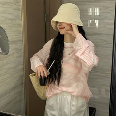 日焼け止め長袖縞tシャツ女性夏ゆるい外着薄いエアコンブラウス怠惰なデザイン感丸襟上着