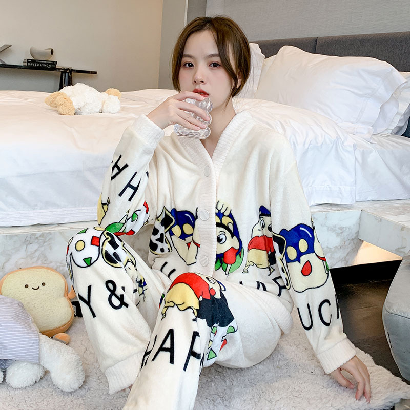 Varios pijamas de invierno de las mujeres con cuello en V cardigan de dibujos animados lindo forro polar engrosada franela traje homewear mujeres