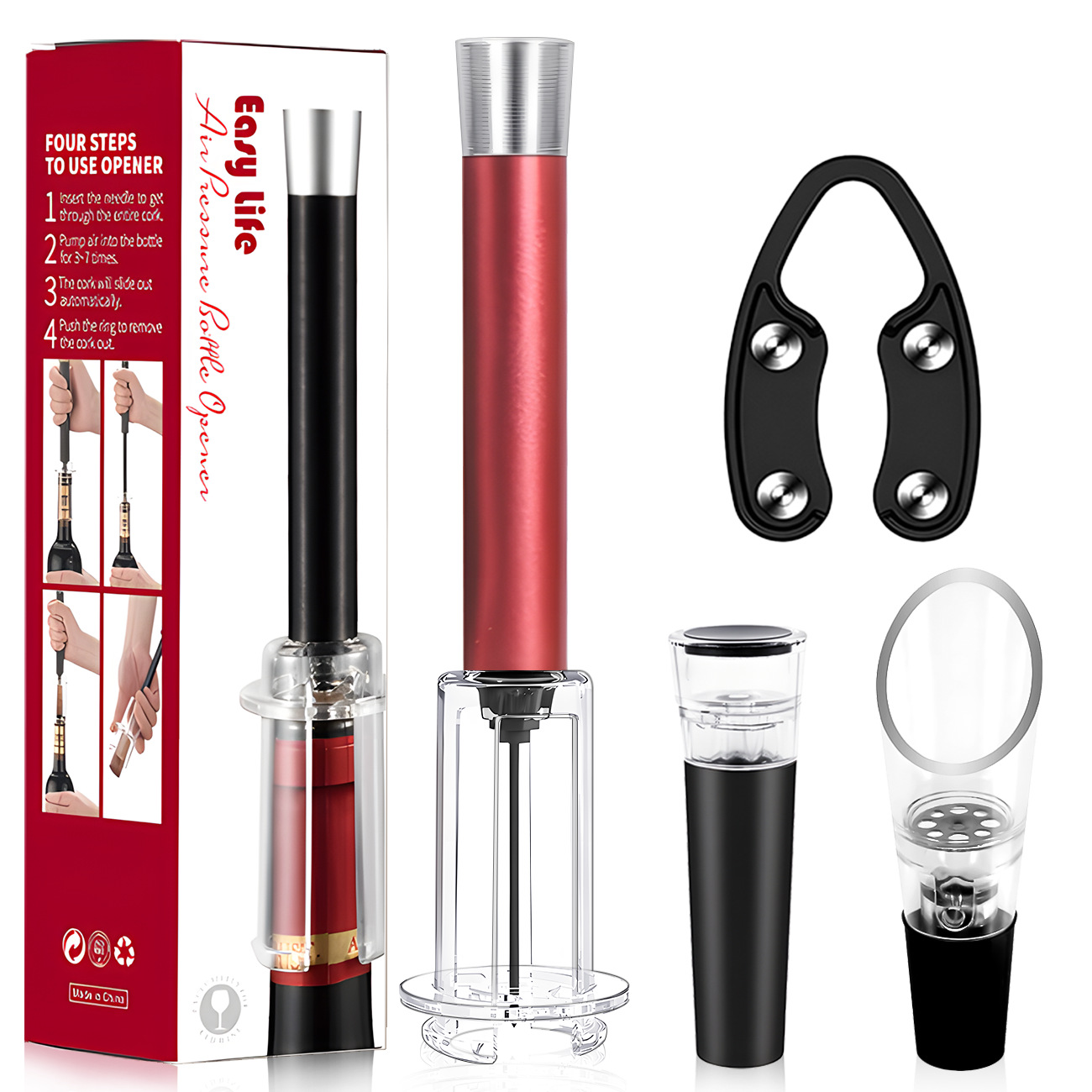 빨간색 ABS 막대 공기압 병따개 4개 세트 - 철판 와인 푸어러