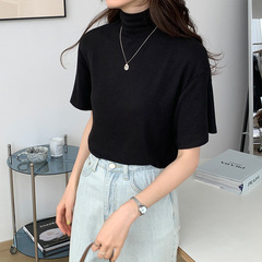 ヨーロッパ駅の早秋の純色の半袖tシャツの女性の新型はやせている半高襟の半袖の底のシャツを重ねて上着の春夏を着ます。