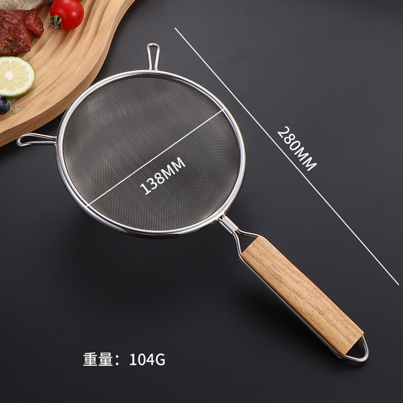 ステンレス製の網状漏斗、木製の柄付き、小麦粉ふるい、ジュース・豆乳フィルター、キッチン用揚げ物用スコップ、食品グレード|undefined