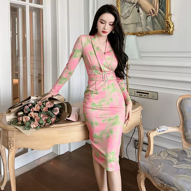 印花连衣裙女包臀修身显瘦内搭打底裙子职业通勤气质春装新20186