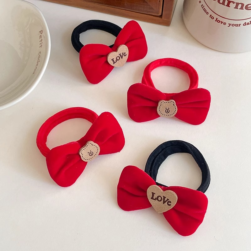 Niños de Año Nuevo de terciopelo rojo arco banda de pelo niñas lindo lazo cuerda de pelo alto elástico durable cabeza cuerda banda de goma