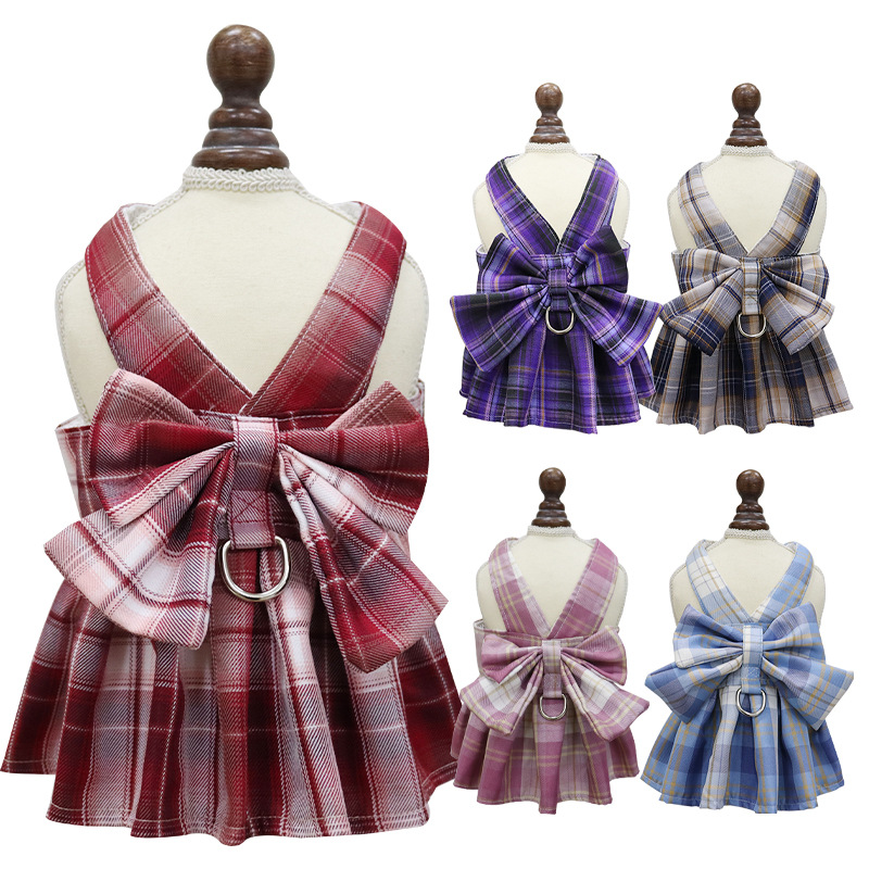 JK 격자 무늬 치마 가슴 끈 애완 동물 견인 로프 개 산책 로프 고양이 조끼 옷 테디 헤어 버킷 용품 제조 업체