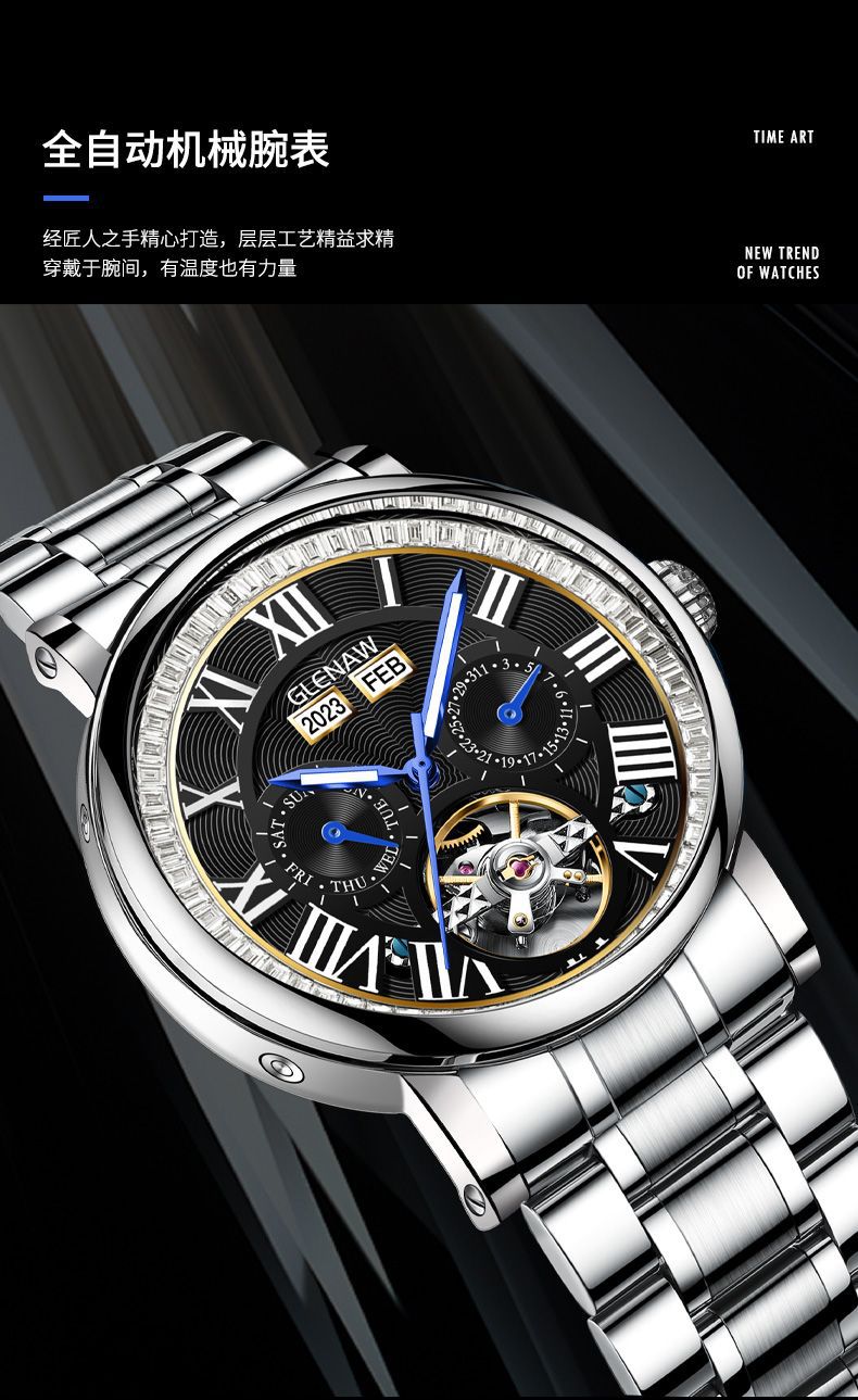 Đồng hồ nam cơ tự động Tourbillon lộ máy chống nước đa chức năng 8677 — 8677-Mặt đen vỏ bạc đai thép bạc, 8677-Vàng mặt bạc vỏ bạc đai thép chi tiết 3