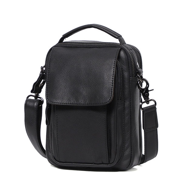 Túi đeo chéo nam da bò thật 19x7x23 cm nhiều ngăn — Màu đen