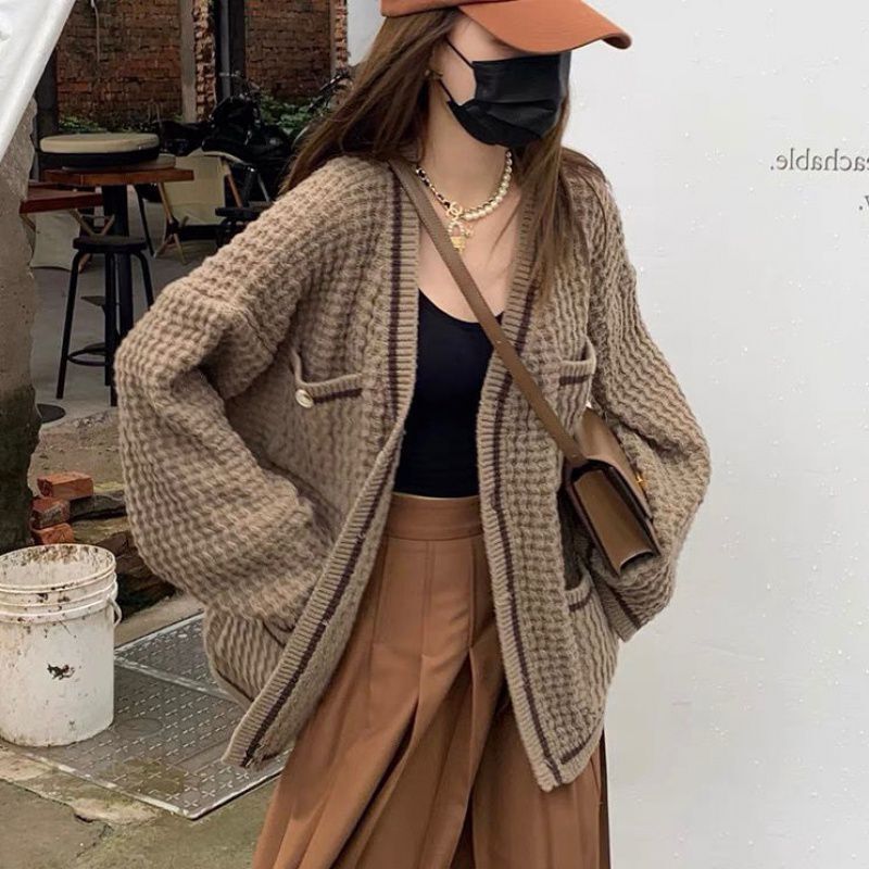 2022 Autumn and Winter New Waffle Cardigan Women's Korean-style Open Line Small Fragrance Knitted Loose Slimming Solid Color Sweater Jacket