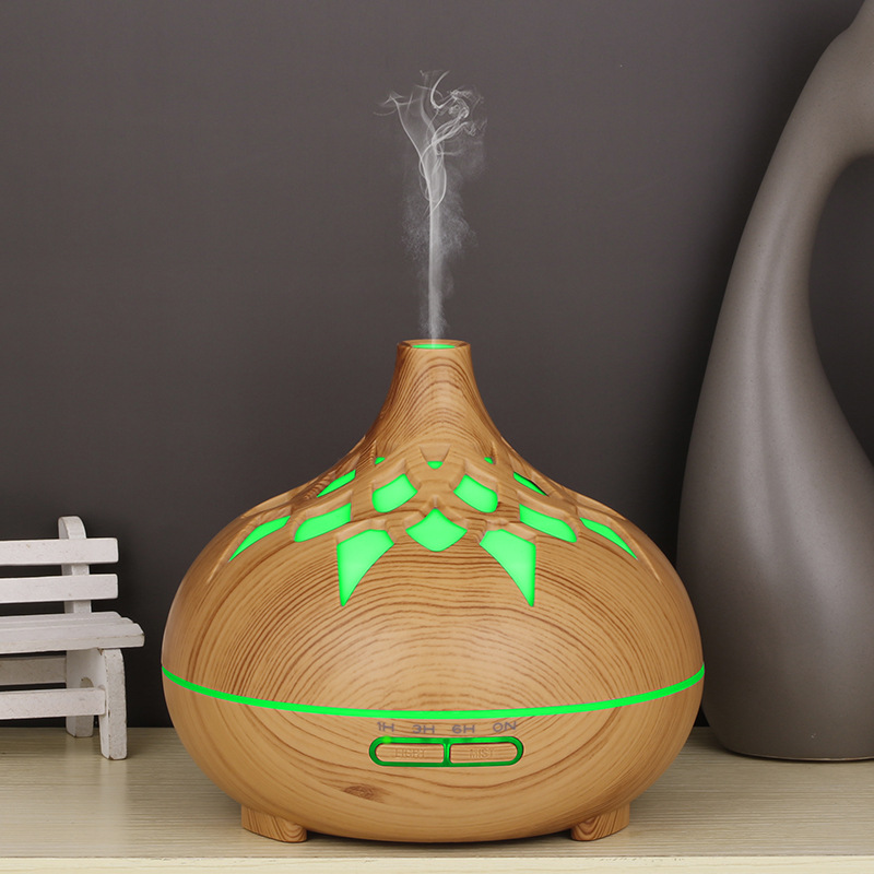 Nueva creativa grano de madera máquina aromaterapia humidificador ahueca hacia fuera 7 Luz color 500ml control remoto música Bluetooth