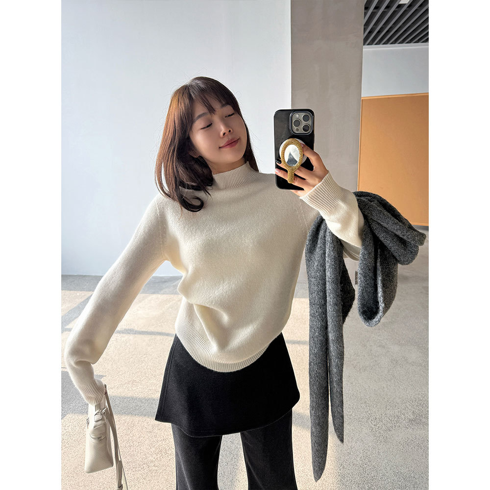 【王琪芝】100羊毛半高领宽松打底衫女冬无缝拼接针织内搭WQ108