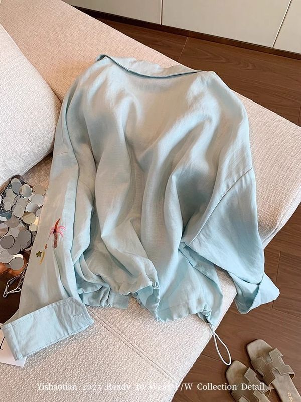 ブルー重工業刺繍日焼け止めシャツ女性のための 2025 夏の新しいハイエンドファッションルーズ長袖薄手のジャケット|undefined