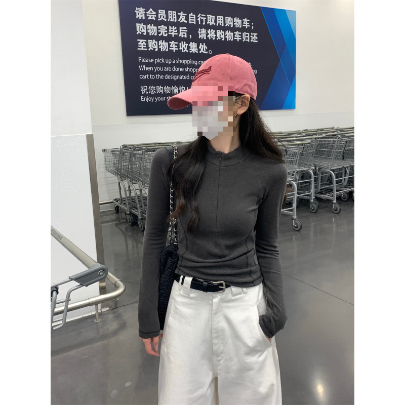 秋冬韩版半高领修身拉链鱼骨插肩显瘦德绒内搭T恤女上衣