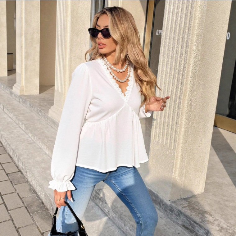 In-Stock 2025 Cross-Border Foreign Trade Summer Amazon Hot-Selling New Solid Color V-Neck Long-Sleeve Loose Casual Patchwork T-Shirt In-Stock 2025 Cross-Border Foreign Trade Summer Amazon Hot-Selling New Solid Color V-Neck Long-Sleeve Loose Casual Patchwork T-Shirt