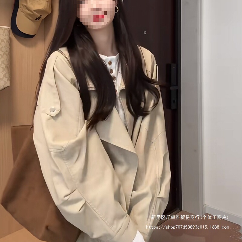 Autumn and Winter Large Lapel Beige Leather Jacket for Women, New Style for Petite Figures, Trendy American-Style Loose Fit