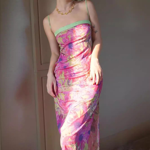 French niche design, summer, new Chinese floral stitching, contrasting color, slim high-rise dress, medium and long skirt, trendy