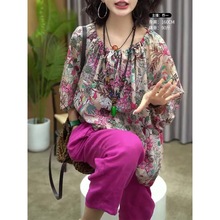 民族棉麻套装2025春夏装新款复古印花上衣百搭哈伦裤子两件套