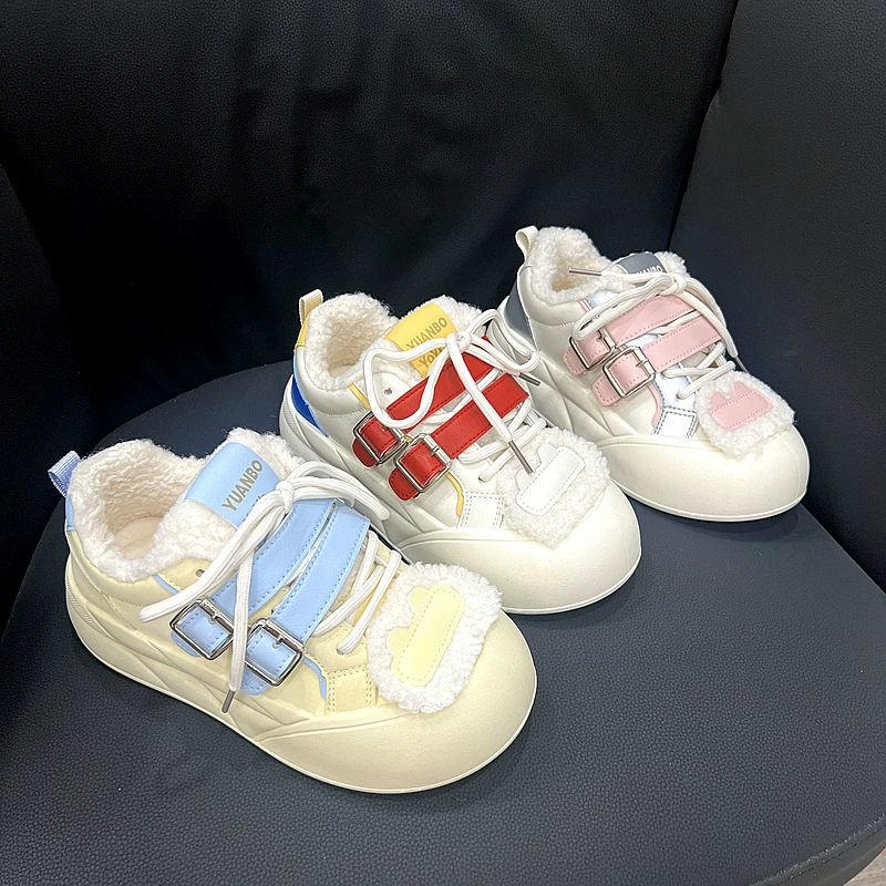 Мафли толстая подошва плюс бархатная маленькая белая обувь женская 2024 осень и зима мода теплая большая голова хлеб обувь меха обувь женская