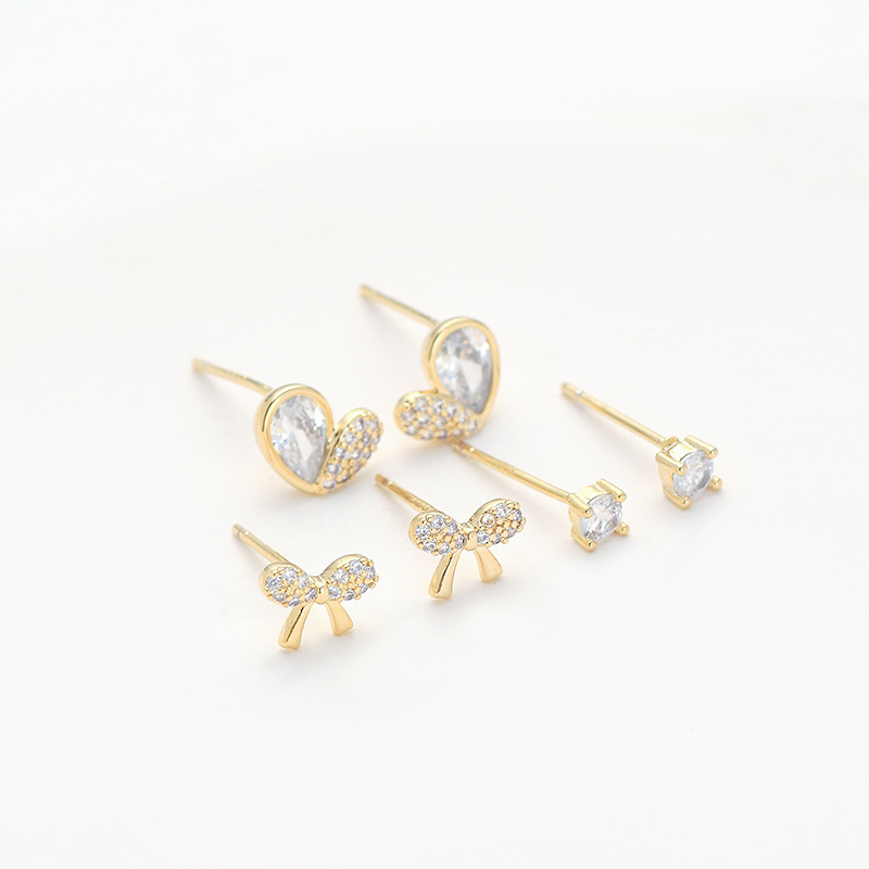 1 Set Simple Style Round Heart Shape Bow Knot Plating Inlay Copper Zircon Ear Studs display picture 2