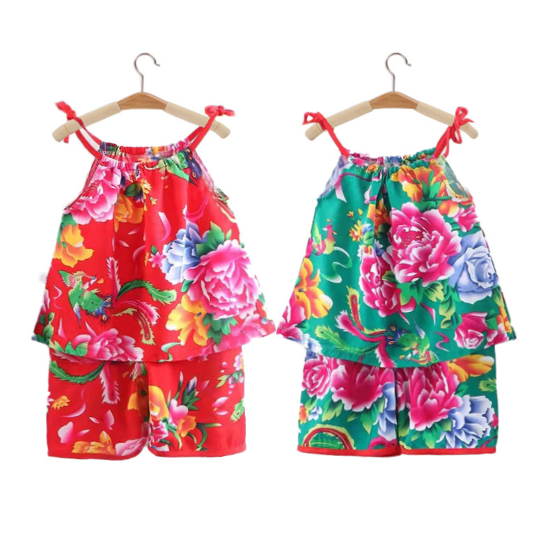 Children's Vest suit Summer Sling Men's Treasure Women's Treasure Northeast Big Flower Cotton Silk Shorts Two-Piece Set Baby's Performance Clothes