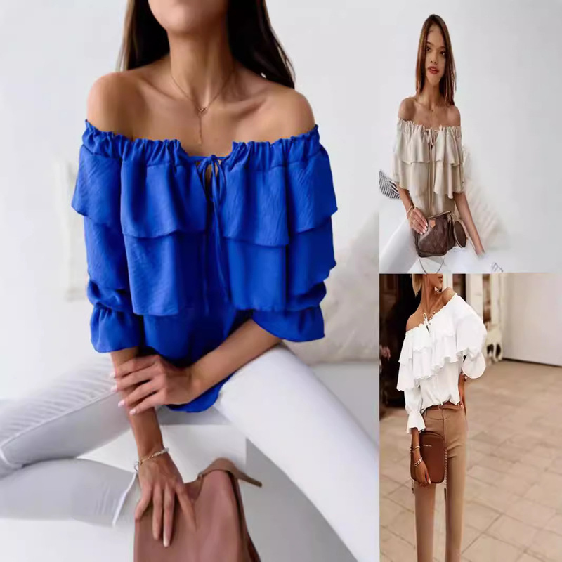 2024 Cross-border New Products One-character Collar Pullover Chiffon Lace-up T-shirt Casual Loose Ruffled Short-sleeved Top Women's Clothing