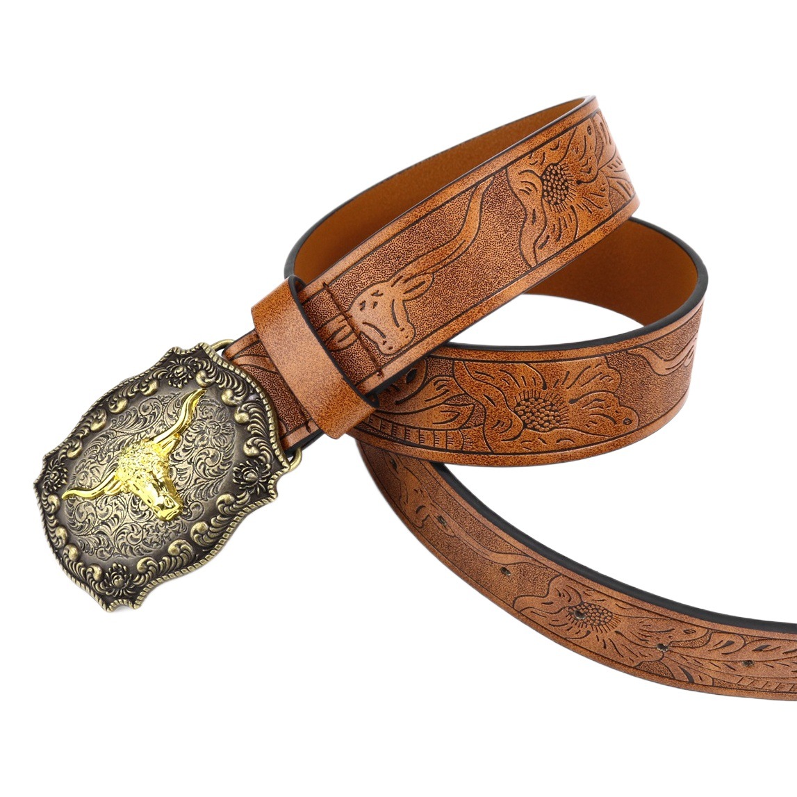 Cinturón Vaquero Estilo Western para Hombre de Cuero PU con Hebilla de Placa de Cabeza de Toro