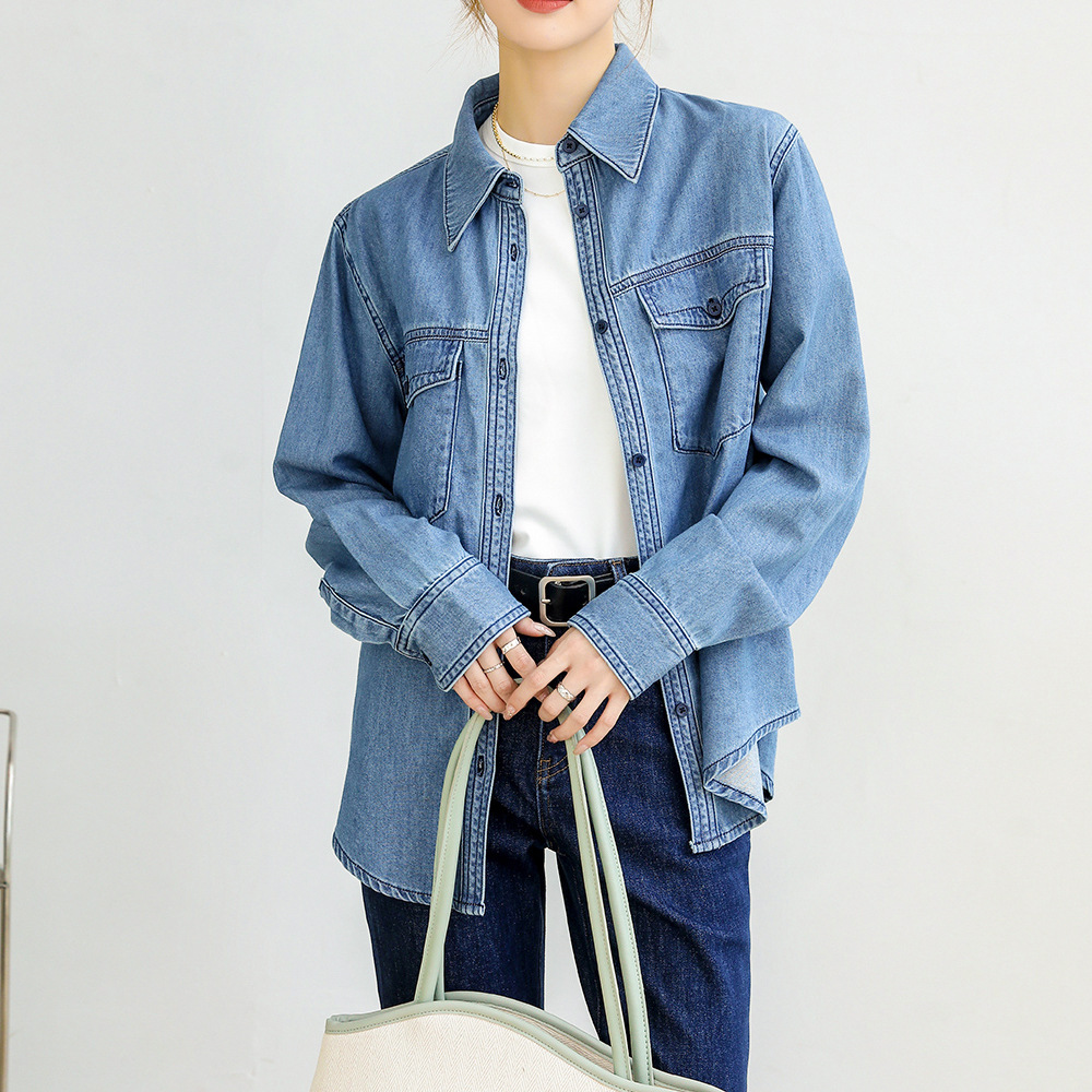 女装港风牛仔衬衫专柜纯棉面料日常时尚复古蓝叠穿衬衫