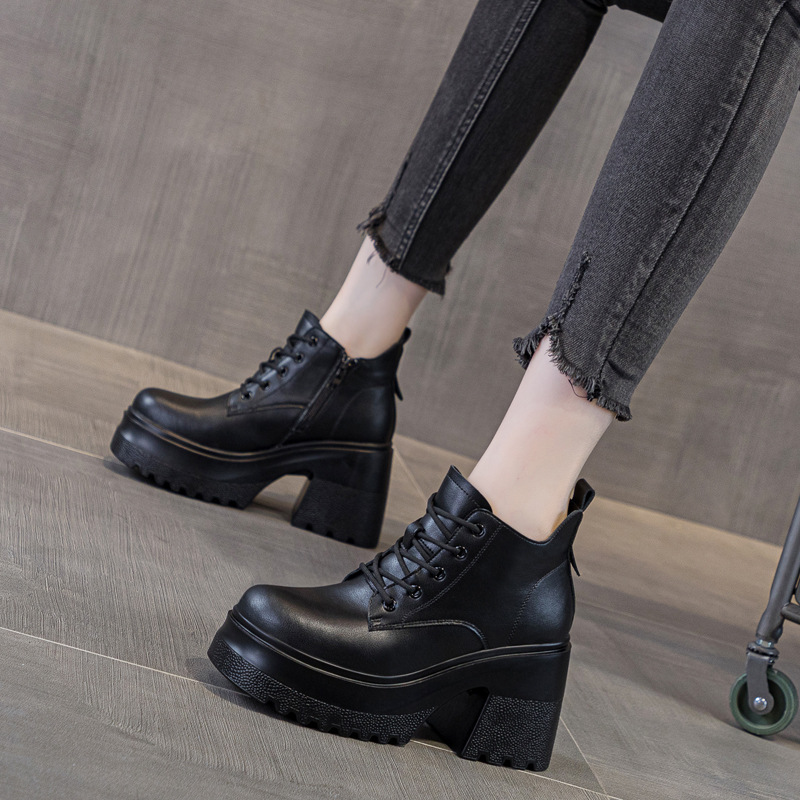 秋冬女鞋新款增高10cm厚底高跟鞋休闲短靴女马丁靴系带百搭单棉鞋