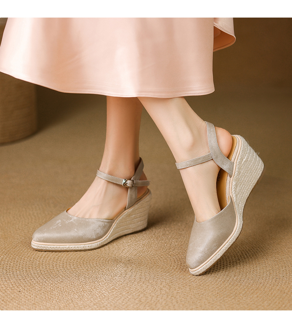 Sandal cao gót nữ phong cách Tân Trung Hoa, mũi kín quai ngang, đế xuồng bện rơm, gót 7 cm — xanh lá cây, màu mơ chi tiết 5