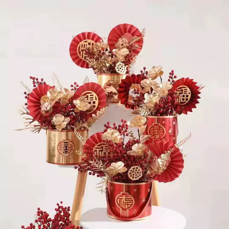 2022年福囍临门插花材料年宵花福桶红色抱抱桶新年礼盒源头工厂
