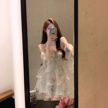 法式一字肩长袖气质碎花连衣裙女夏季小个子高级感收腰仙女蓬蓬裙