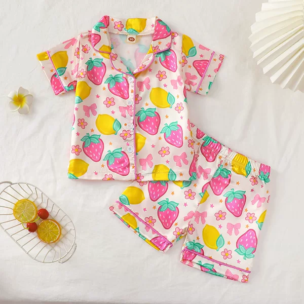 Children's Pajamas Set Summer Strawberry Print Girls Home Clothes Two-Piece Children's Clothing Short-Sleeved Lapel T-Shirt