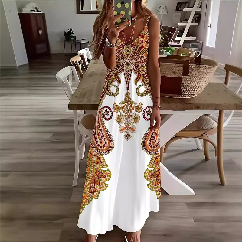 2025 Cross-Border Seaside Vacation 3D Printed Bohemian Style Long Skirt Summer Casual Women's Dress