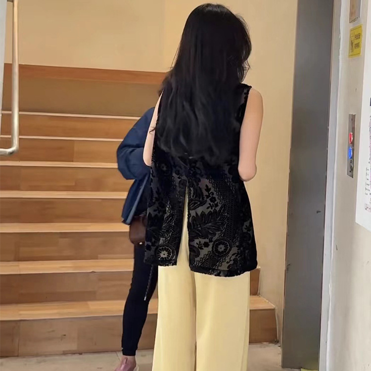 Heavy Lace Splicing Jacquard Back Slit Shirt for Women Summer Sun Protection Loose Slimming Sleeveless Vest Top Trendy