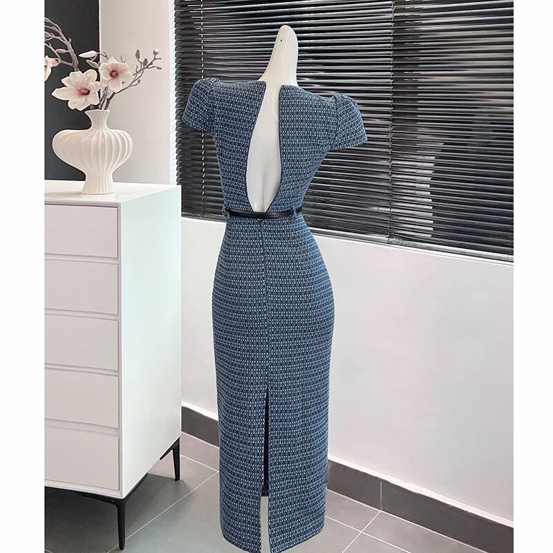 Unique Slit Blue Bodycon Dress, New Summer Style, Elegant Round Neck Formal Simple Dress Unique Slit Blue Bodycon Dress, New Summer Style, Elegant Round Neck Formal Simple Dress