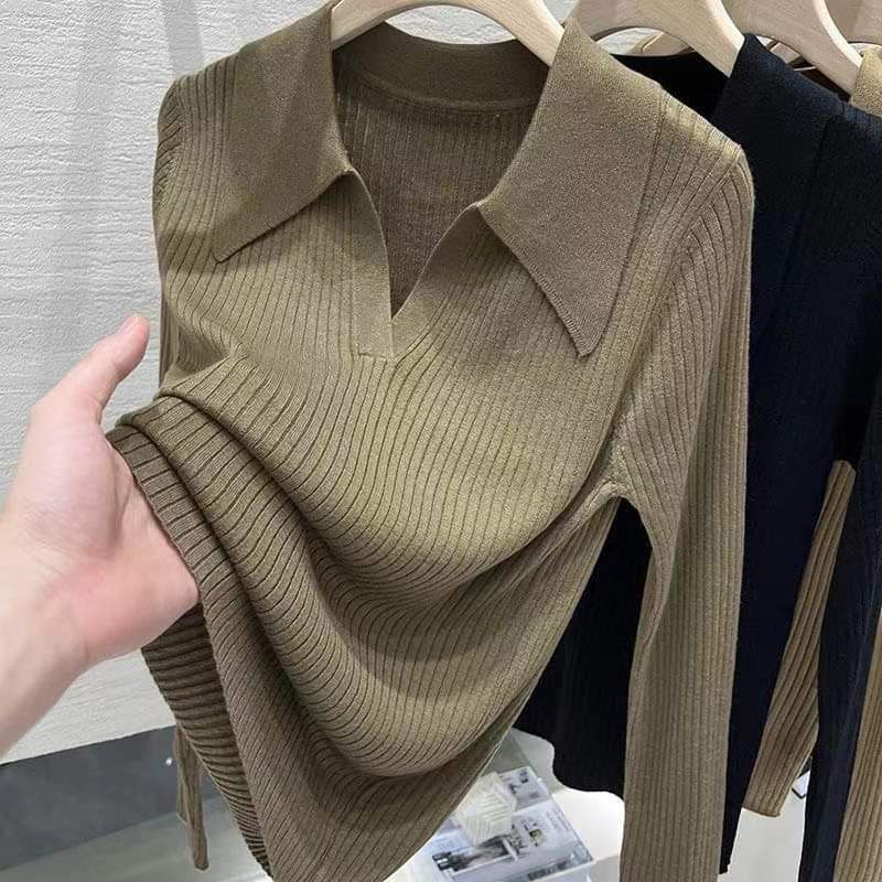 POLO Neck Slim Solid Color Long Sleeve Imitation Knitted Women's 2022 Autumn New Base Thin Inner Lapel Top POLO Neck Slim Solid Color Long Sleeve Imitation Knitted Women's 2022 Autumn New Base Thin Inner Lapel Top