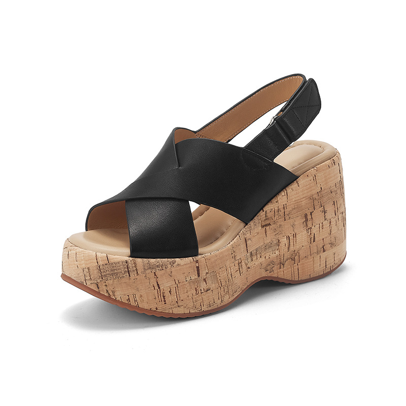 Sandal cao gót nữ quai chéo hở mũi đế xuồng 10cm da bò thật phong cách La Mã — màu đen, màu trắng ngà