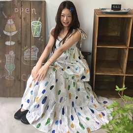 原版做法 田园风彩色印花吊带两件套新款小个子度假风大摆裙套装