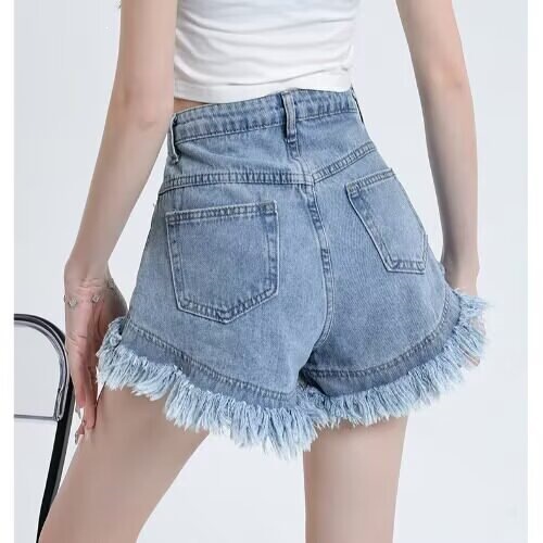 Ripped Fringe Denim Shorts for Women, Summer New Style, High-Waisted, Slimming, Trendy, Petite, Wide-Leg A-Line Hot Pants, Ins Fashion Ripped Fringe Denim Shorts for Women, Summer New Style, High-Waisted, Slimming, Trendy, Petite, Wide-Leg A-Line Hot Pants, Ins Fashion