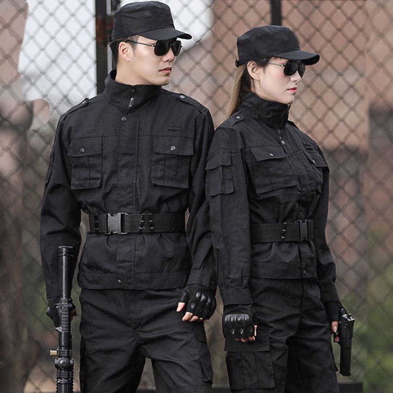 봄과 가을 검은 훈련 의류 세트 착용 방지 통기성 작업 의류 위장 의류 남성 및 여성 군 유니폼 군사 훈련 의류 보안 의류