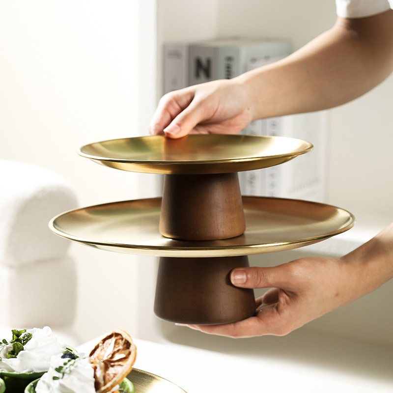 Simple Acacia Stainless Steel High-legged Fruit Plate Living Room Coffee Table Household Plate Cake Plate Dispel Rack Candy Plate Dessert Plate