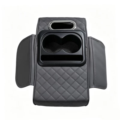 Armrest box, pad with cup holder and storage - gray-no-tissue-paper
