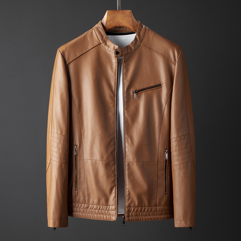 Men's standing collar Korean version slim fit handsome autumn and winter plus velvet motorcycle leather men's jacket_voghion.com