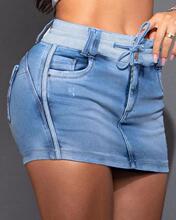 Y 13824 Patch drawstring denim skirt ƴ�ӳ���ţ�а���ȹ